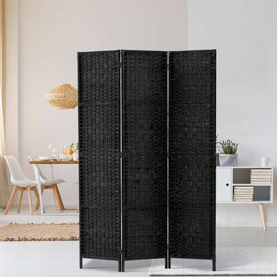 3 Panel Room Divider Privacy Screen Rattan Woven Wood Stand Black