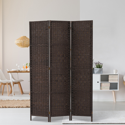3 Panel Room Divider Privacy Screen Rattan Woven Wood Stand Brown