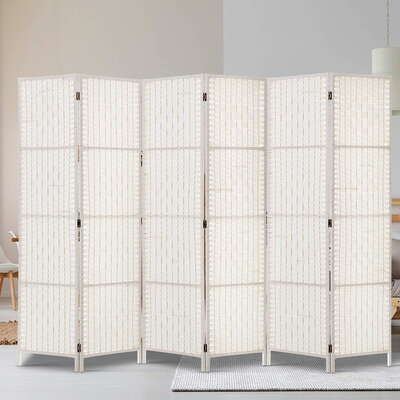 6 Panel Room Divider Privacy Screen Rattan Timber Fold Woven Stand White