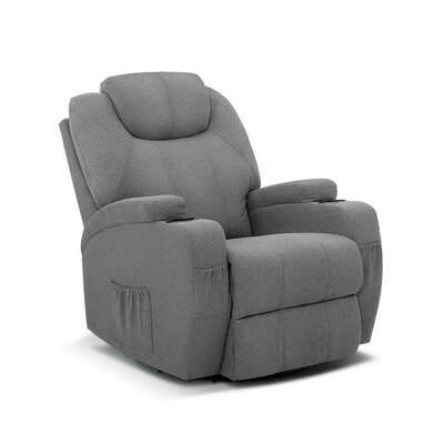 Electric Massage Recliner Chair Armchair 8 Point Heated Swivel Fabric Grey