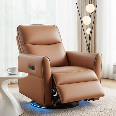 Swivel Recliner Chair Leather Rocking Reclining Sofa with LED Charging Ports Brown