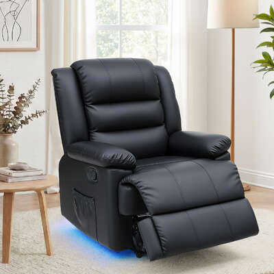 Manual Recliner Chair Leather Sofa With 16-Colour LED Black