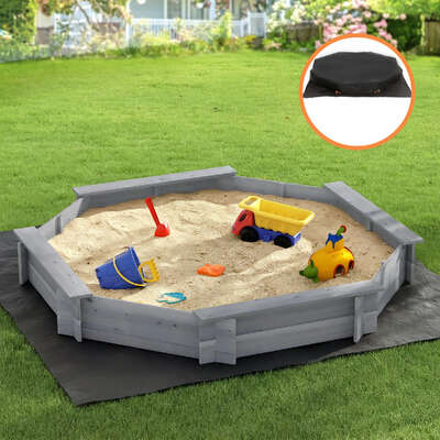 Kids Sandpit Wooden Round Sand Pit with Cover Bench Seat Beach Toys 182cm Grey Premium
