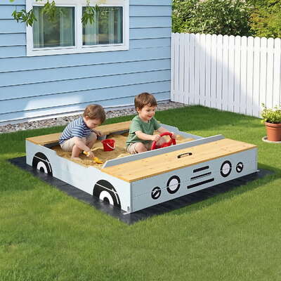 Wooden Car Sandpit Kids Sandbox Outdoor Play Toy w/ Storage Ground Sheet 120cm