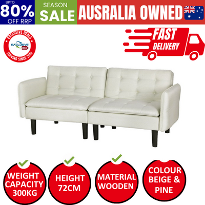 Sofa Bed Lounge Futon Couch Bed Adjustable Tufted 3 Seater Fabric Beige