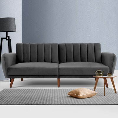 Sofa Bed Lounge 3 Seater Futon Couch Recline Chair Wooden 207cm Velvet Grey