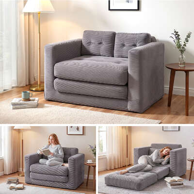2 Seater Corduroy Sofa Bed Convertible Couch Grey | EXTG