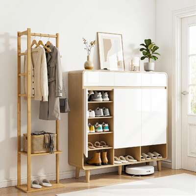 Shoe Cabinet Clothes Rack Storage Set White Pine | EXTG