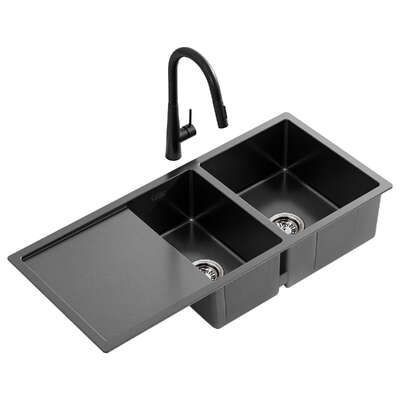 Stainless Steel Sink 100x45CM With Pull Out Mixer Tap Kitchen Basin Double Bowl Black Luxury Design