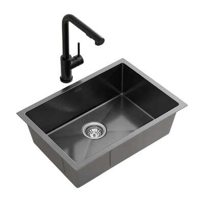 Stainless Steel Sink 30x45CM With Pull Out Mixer Tap Kitchen Basin Single Bowl Black Essentials