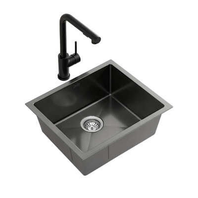 Stainless Steel Sink 44x44CM With Pull Out Mixer Tap Kitchen Basin Single Bowl Black Premium Quality Design
