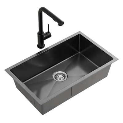 Stainless Steel Sink 60x45CM With Pull Out Mixer Tap Kitchen Basin Single Bowl Black Home