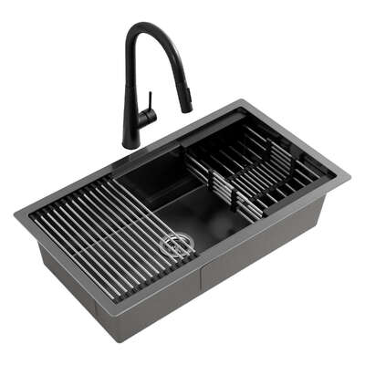 Stainless Steel Sink 70x45CM With Pull Out Mixer Tap Kitchen Basin Single Bowl Black Summer