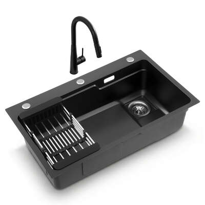 Stainless Steel Sink 75x45CM With Pull Out Mixer Tap Kitchen Basin Single Bowl Black