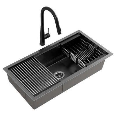 Stainless Steel Sink 81x45CM With Pull Out Mixer Tap Kitchen Basin Single Bowl Black Boho Design