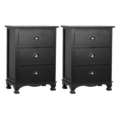 2x Vintage Bedside Tables 3 Drawers Black Nightstand Storage Bedroom Furniture