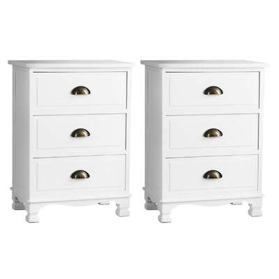 2x Vintage Bedside Tables 3 Drawers White Nightstand Storage Bedroom Furniture