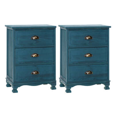 2x Vintage Bedside Tables 3 Drawers Blue Nightstand Storage Bedroom Furniture