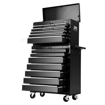 16 Drawer Tool Box Cabinet Chest Trolley Toolbox Garage Storage Black