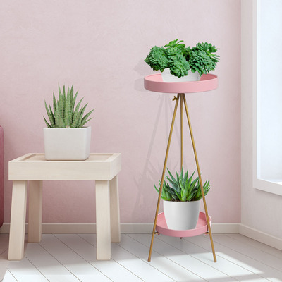 2 Tiers Plant Stand Outdoor Indoor Metal Flower Pots Rack Garden Pink