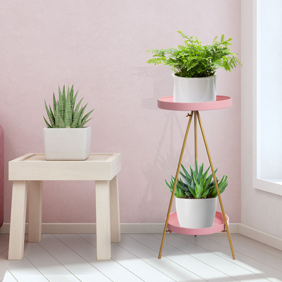 Garden Plant Stand 2 Tiers Outdoor Indoor Metal Flower Pots Rack Pink