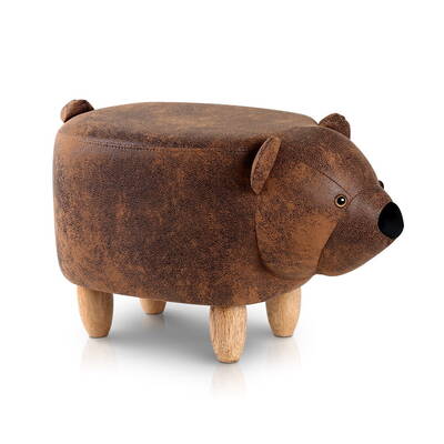 Kids Ottoman Animal Stool Bear Wood Footstool Fabric Brown