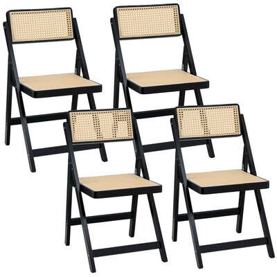 4x Foldable Dining Chairs Black Wooden Rattan Modern Home Furniture