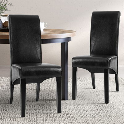2x Dining Chairs French Provincial Kitchen Cafe PU Leather Padded High Back Pine Wood Black
