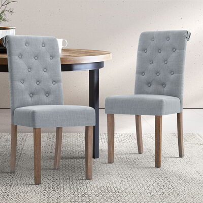 2x Dining Chairs French Provincial Kitchen Cafe Fabric Padded High Back Pine Wood Light Grey