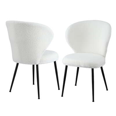 2x Dining Chairs Sherpa Boucle Wing Back White  Elegant