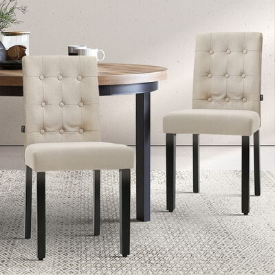 x2 DONA Dining Chair Fabric Foam Padded High Back Wooden Kitchen Beige