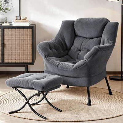 Velvet Grey Armchair Accent Chair With Ottoman Lounge Footrest Living Room Seating