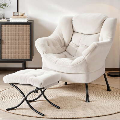 Velvet White Armchair Accent Chair With Ottoman Lounge Footrest Living Room Seating