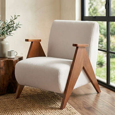 Armchair Accent Chair Sturdy Upholstered Solid Wood Chenille Fabric White