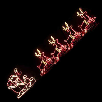 Led santa riding 4 reindeer deer sleigh christmas rope motif light