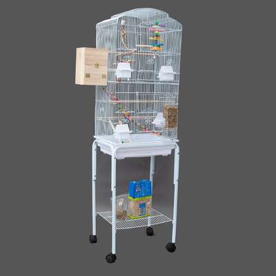 Dome top high bird cage on stand with play toys white