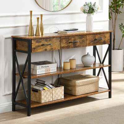 Industrial Console Table with 3 Drawers and 3-Tier Storage Shelves Entryway
