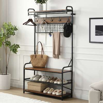 5-in-1 Hall Tree Coat Rack with Storage Bench 3 Tier Rustic Brown