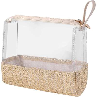 Makeup Bag Large Clear PVC Waterproof Travel Cosmetic Bag With Handle Medium Beige