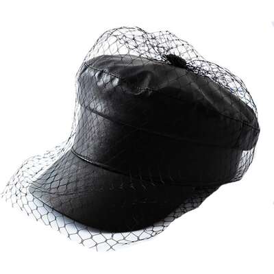 Octagonal Cap Women Solid Black PU Lace Veil Newsboy Beret Hat Spring Summer