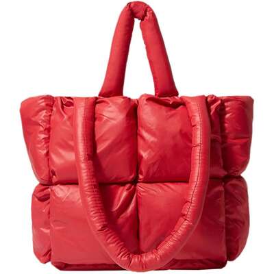 Quilted Tote Bag Large Lightweight Checkered Shoulder Bag Casual Red