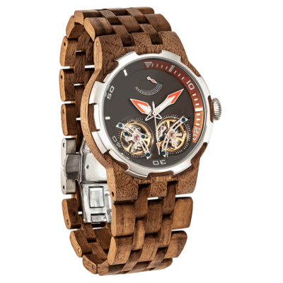Men Dual Wheel Automatic Walnut Wood Watch