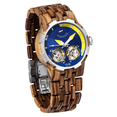 Men Dual Wheel Automatic Zebra Wood Watch