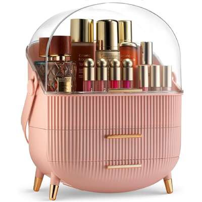 Covered Makeup Cosmetic Countertop - Large Cosmetic Organizer - Trendy Oval Shape Storage for Skin Care Organizer - Clear Lid, Storage Drawers, Carry