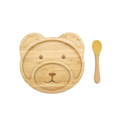 Bamboo Kids Teddy Plate With Suction Cap Base & Spoon