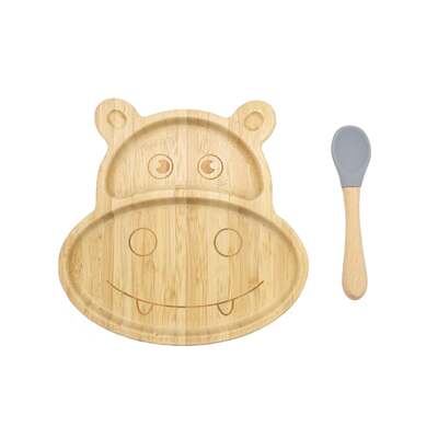 Bamboo Hippo Kids Plate With Suction Cap Base & Spoon