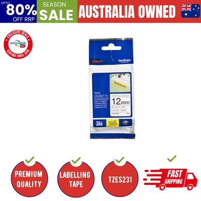 TZeS231 Labelling Tape 12mm Black on White Strong Adhesive TZE Tape
