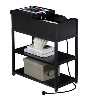 Compact 3-Tier Sofa Side Table With Powerboard, Black