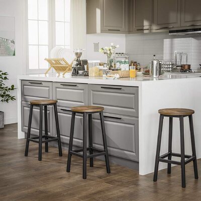 Set Of 2 Bar Stools With Sturdy Steel Frame Rustic Brown And Black 65 Cm Height