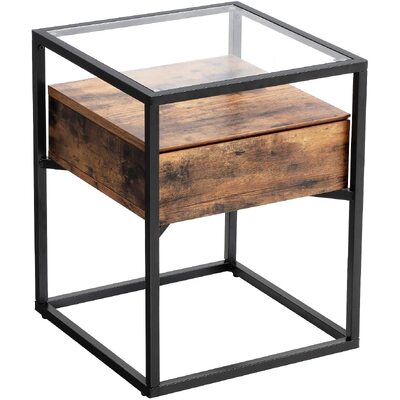 End Table Tempered Glass With Drawer And Rustic Shelf  Stable Iron Frame 